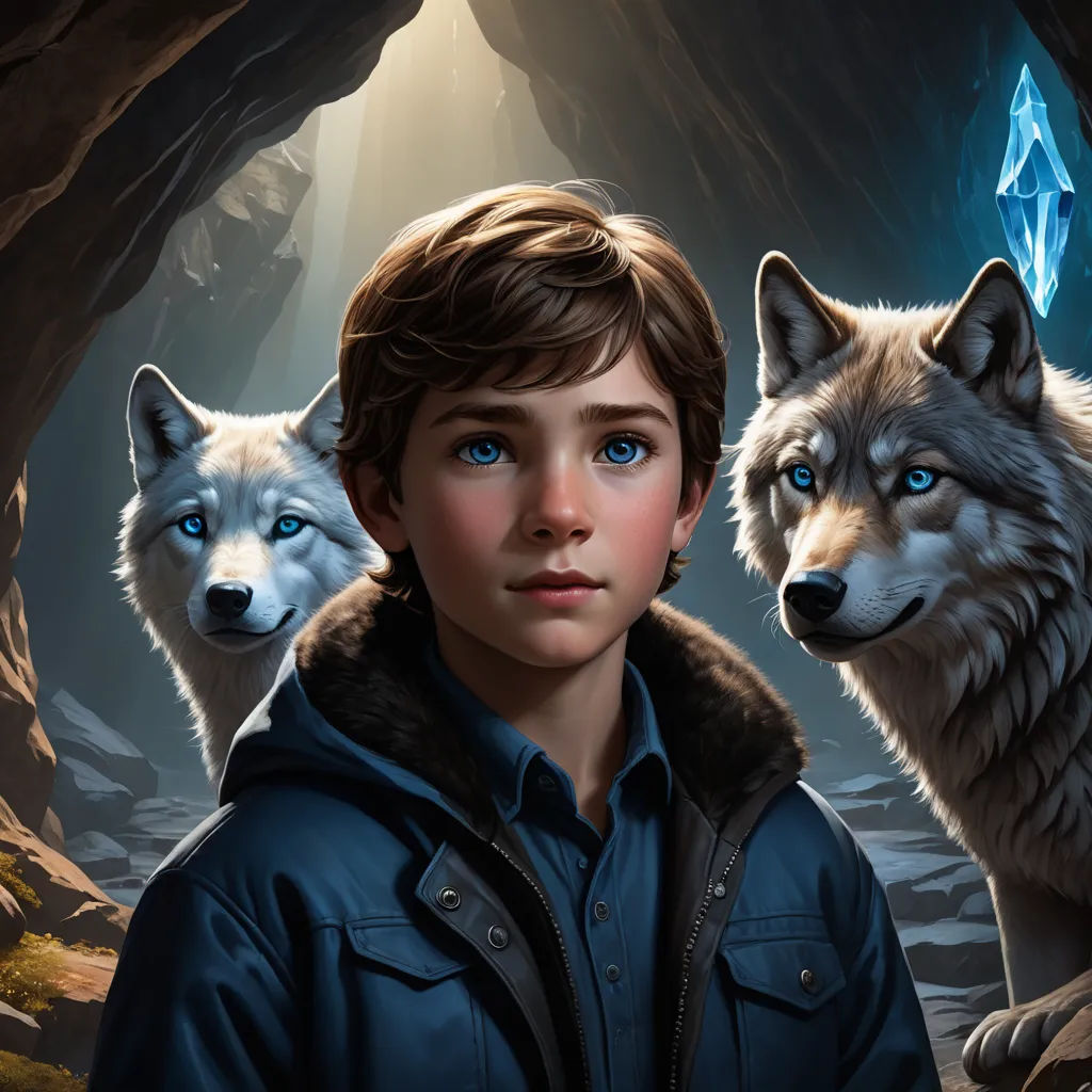 a boy with blue eyes and two wolfs in a cave with a light shining on him and a blue diamond in the background, fantasy art, a character portrait, Aaron Jasinski, key art
