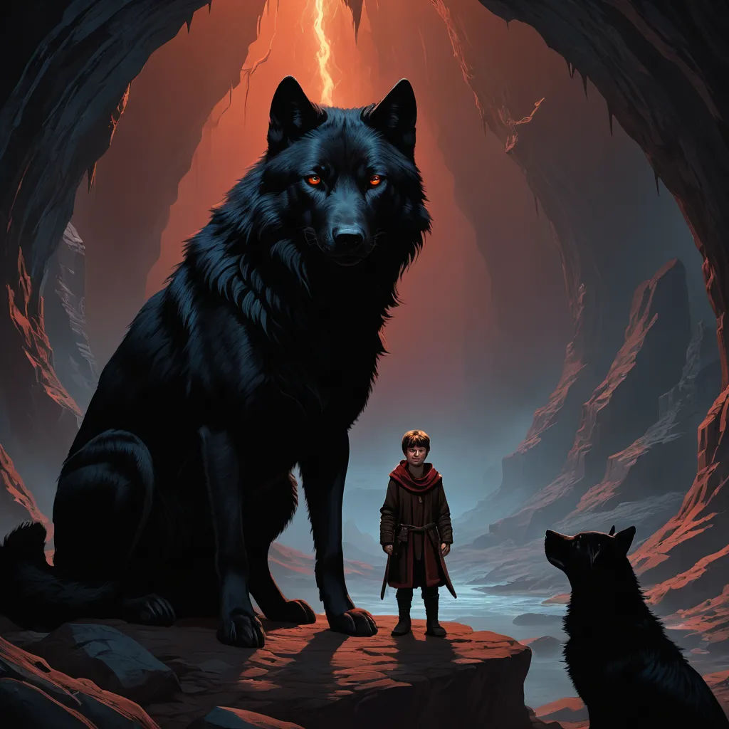 a man standing next to a wolf in a cave with a lightning in the background and a wolf looking at him, fantasy art, a storybook illustration, Dan Mumford, comic cover art