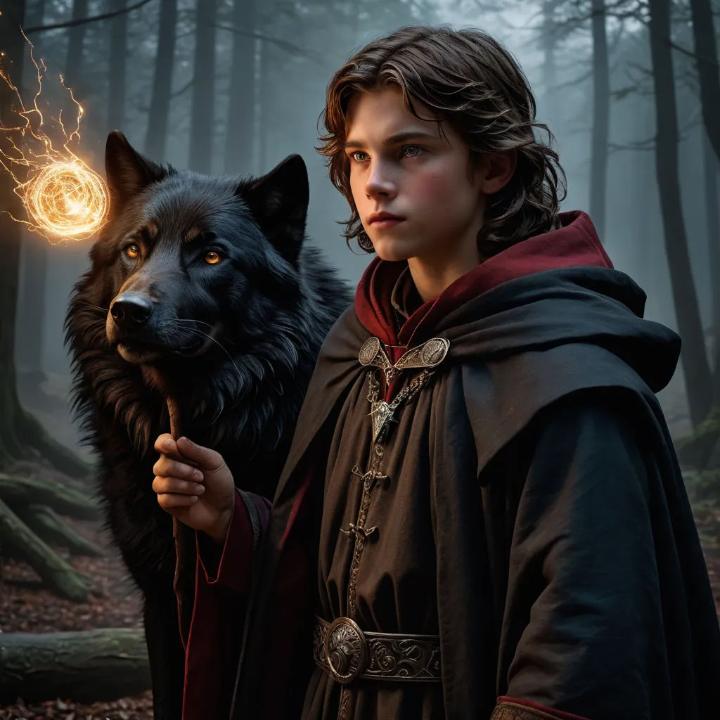a young boy holding a wand and a wolf in a forest with a glowing orb in his hand and a glowing orb in his mouth, fantasy art, a detailed matte painting, Caspar Wolf, promotional image
