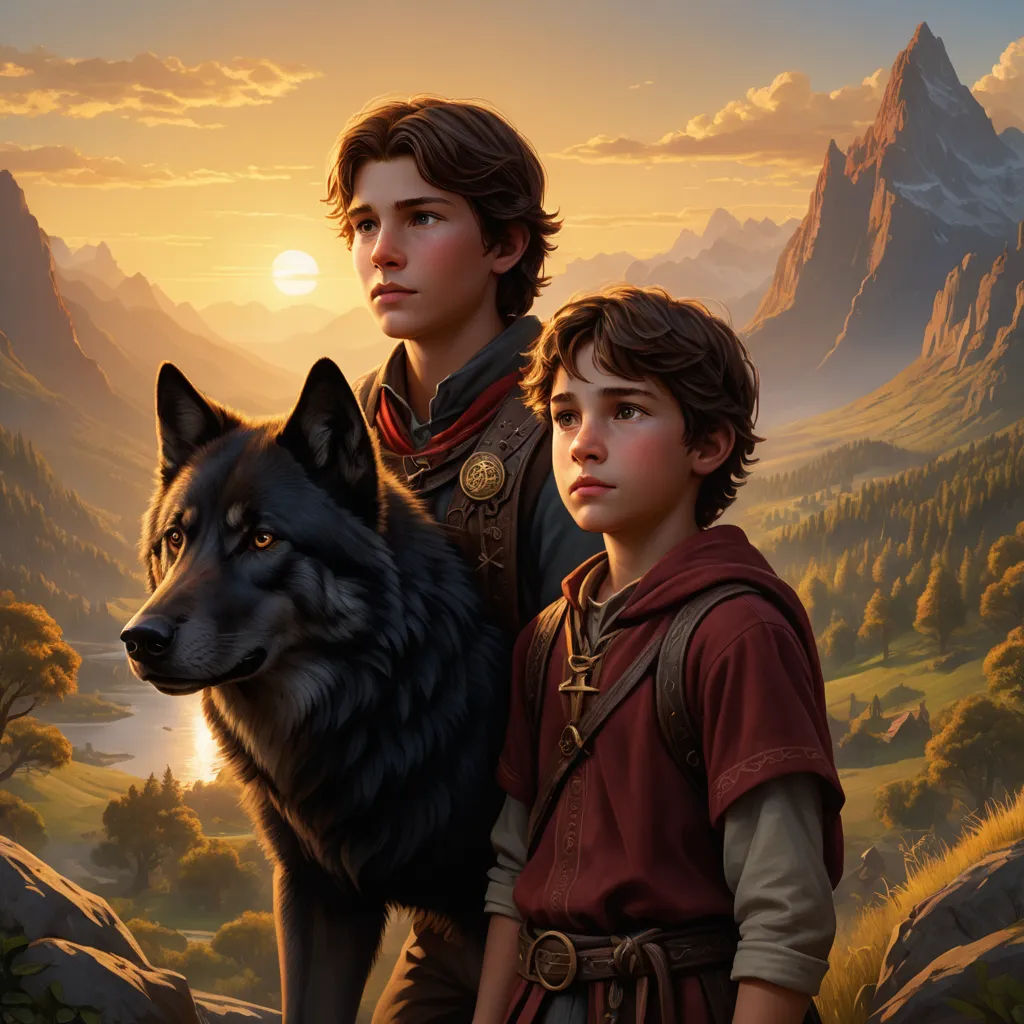 a boy and a boy standing next to a wolf in a mountain landscape with a sunset behind them and mountains, sots art, a storybook illustration, Brothers Hildebrandt, key art