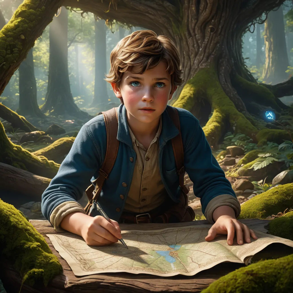 a boy sitting at a table in the woods looking at a map with a glowing eye in the distance, fantasy art, a detailed matte painting, Clint Cearley, rossdraws global illumination