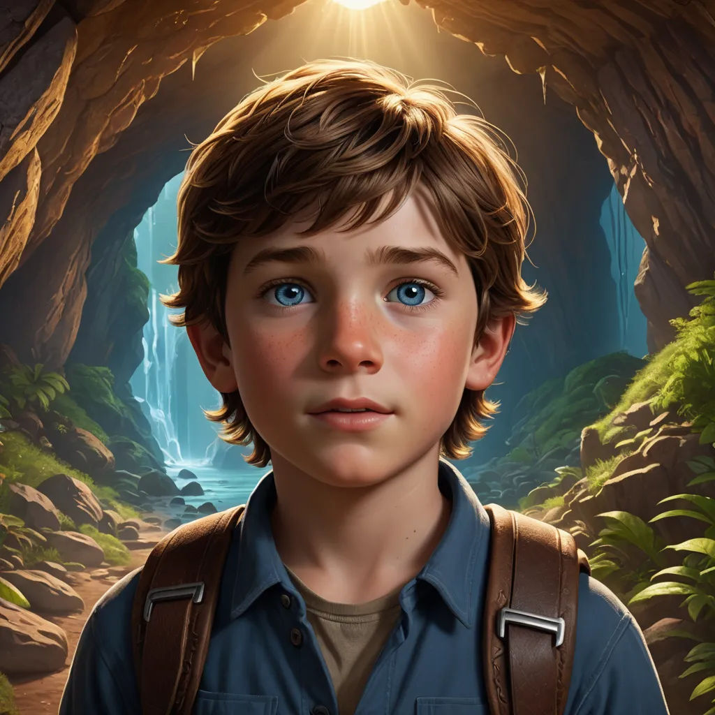 a boy with a backpack looking at the camera with a light shining on him and a waterfall in the background, photorealism, a digital painting, Cliff Childs, highly detailed digital painting