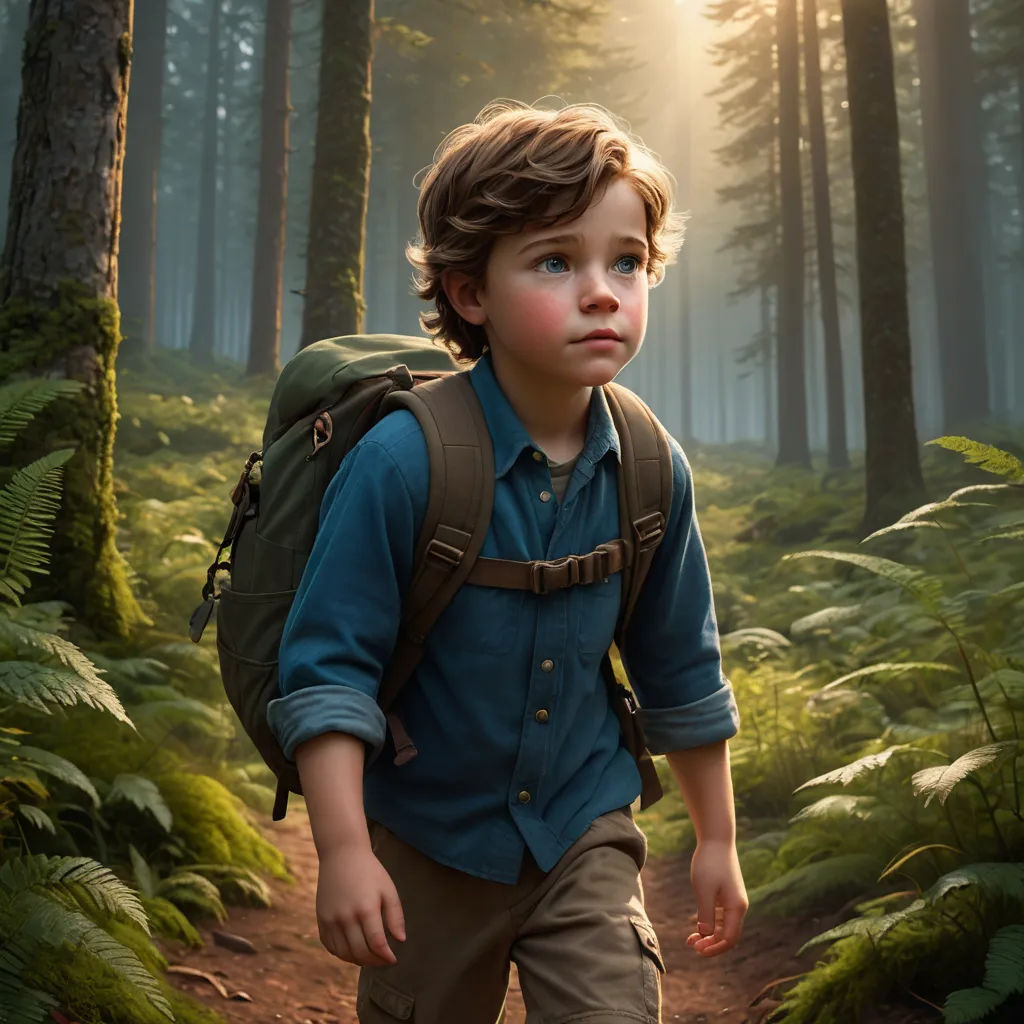 a young boy with a backpack walking through a forest of ferns and ferns in the sunlight, with the sun shining through the trees, photorealism, a detailed matte painting, Adam Rex, promotional image