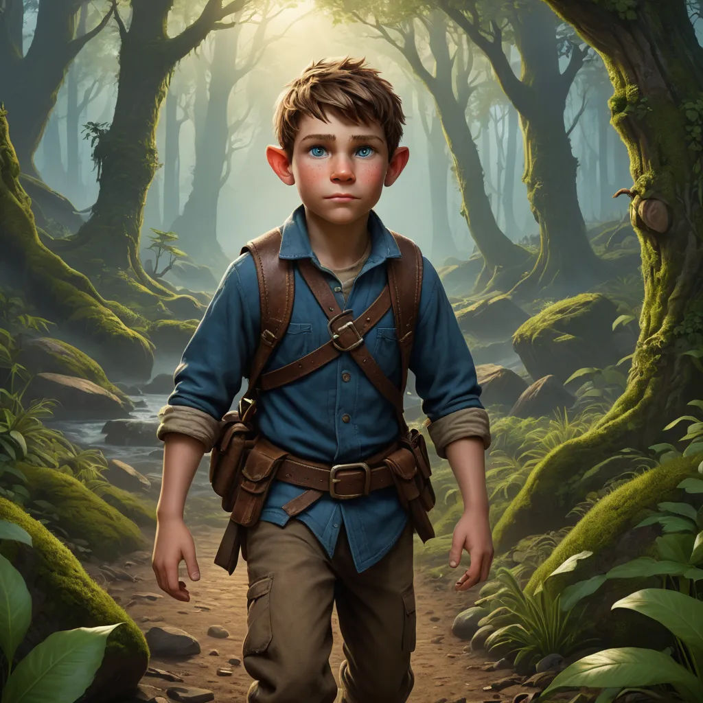 a boy in a forest with a backpack on walking towards the camera with a light shining on him and a forest background, fantasy art, concept art, Clint Cearley, rossdraws global illumination