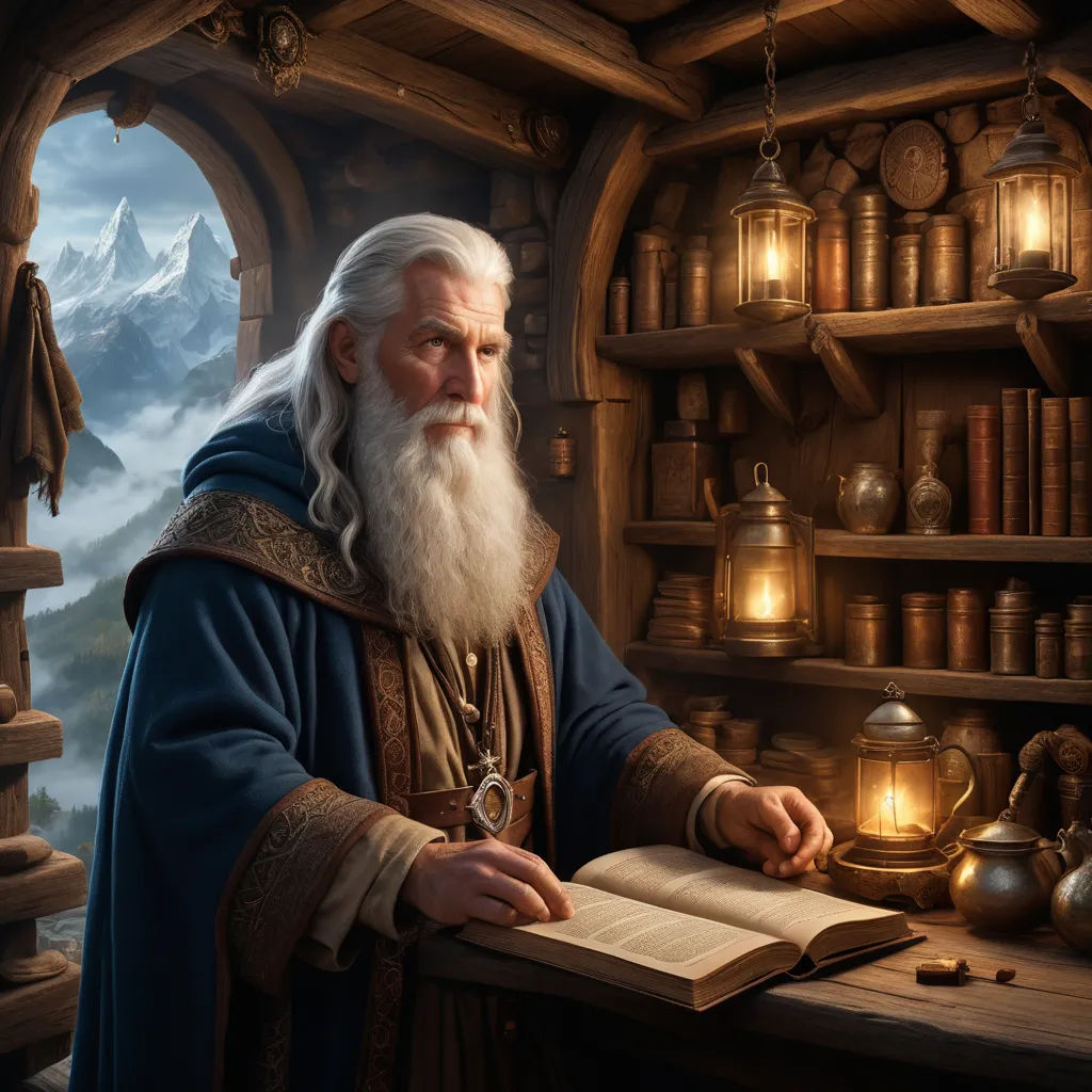 a man with a long white beard and a long white beard is holding a book in his hands and standing in front of a book shelf with books, fantasy art, a storybook illustration, Ed Binkley, epic fantasy character art