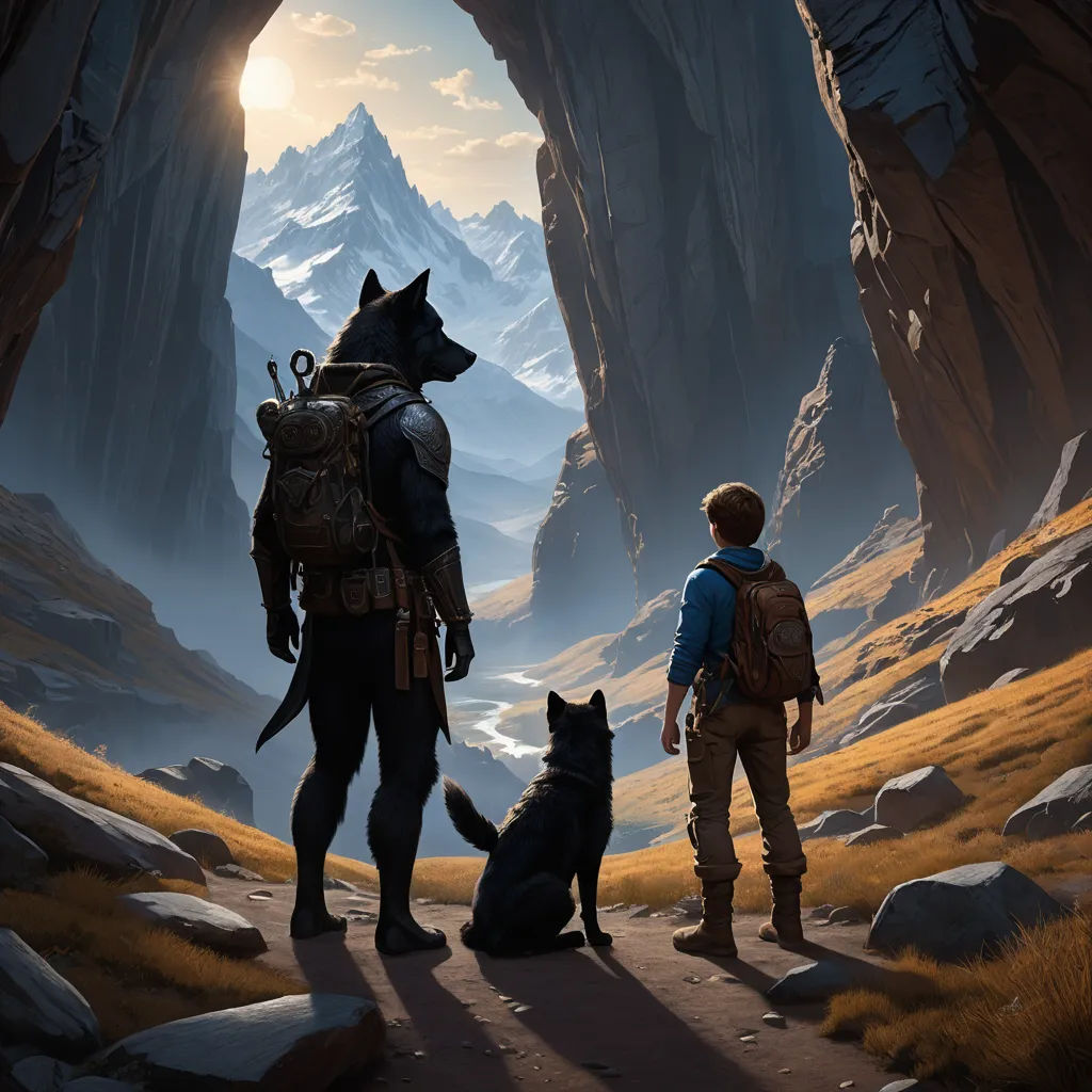 a man and a dog standing in a cave with mountains in the background and a man in a backpack and a dog looking at him, fantasy art, a storybook illustration, Clint Cearley, rossdraws global illumination