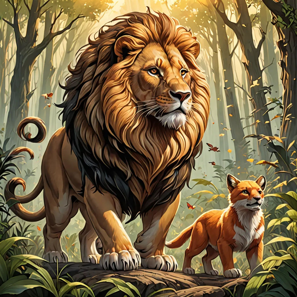 a lion and a fox standing in a forest with sunlight coming through the trees and leaves on the ground, furry art, poster art, Chris LaBrooy, official art