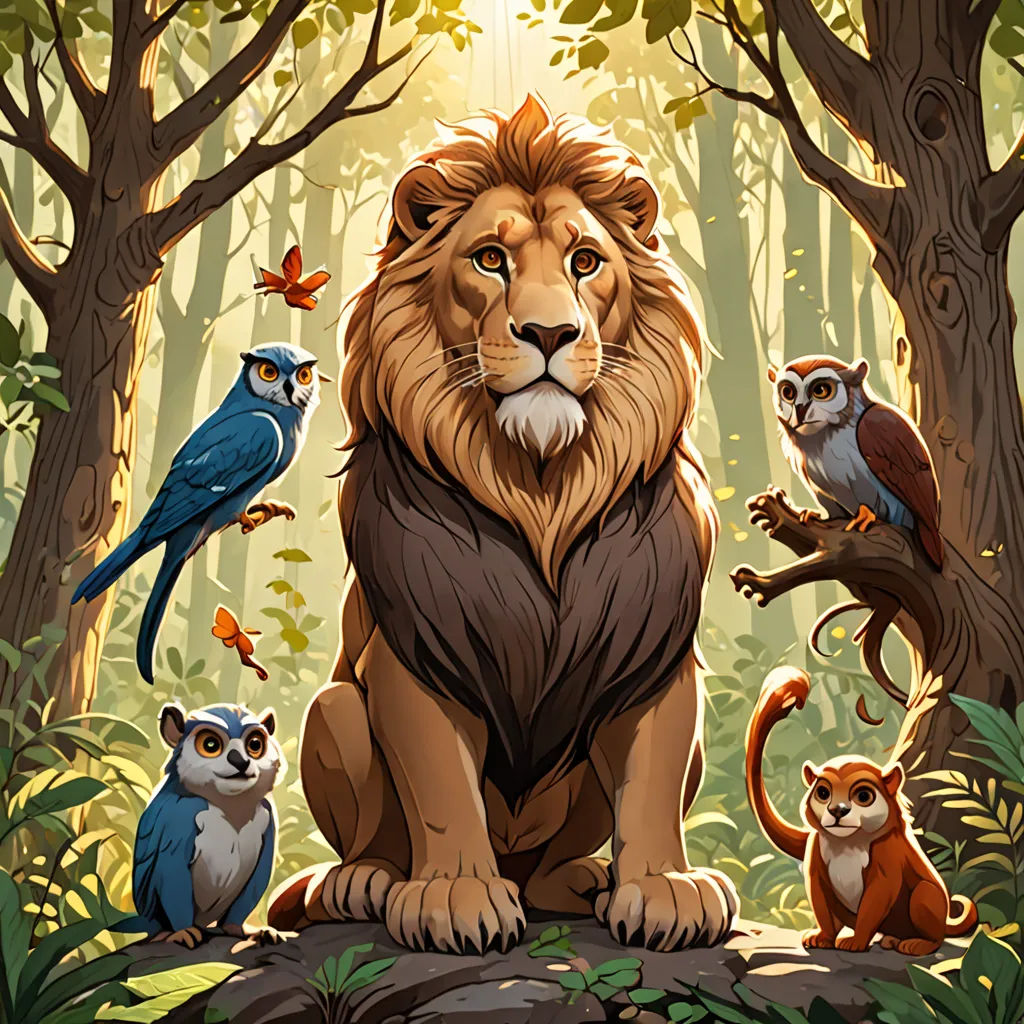 a lion surrounded by other animals in a forest with trees and birds around it, with a sunbeam in the background, furry art, an album cover, Chris LaBrooy, official art
