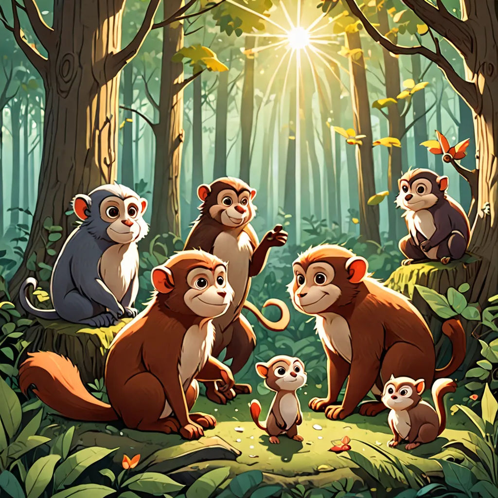 a group of monkeys sitting in the forest together with a sun shining through the trees behind them and a baby monkey in the foreground, dau-al-set, a storybook illustration, Chris LaBrooy, official art