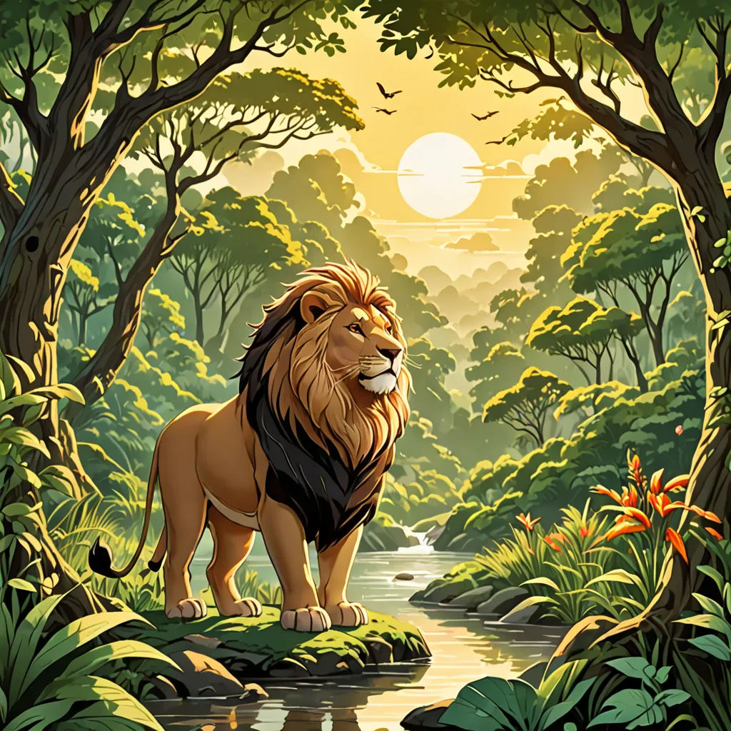 a lion standing in the middle of a forest with a river running through it's center surrounded by trees, fantasy art, an album cover, Chris LaBrooy, official art