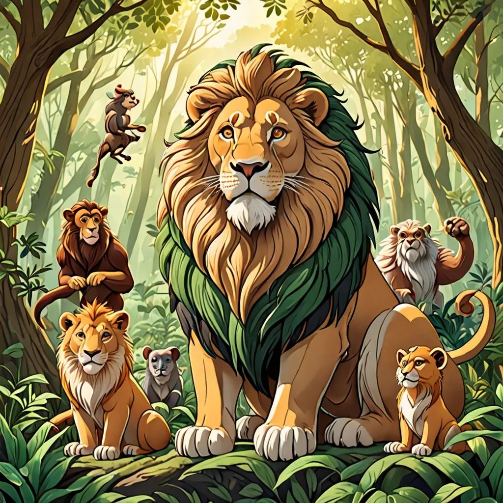 a group of lions sitting in the middle of a forest with monkeys on the trees behind them and a monkey on the ground, furry art, a poster, Chris LaBrooy, official art