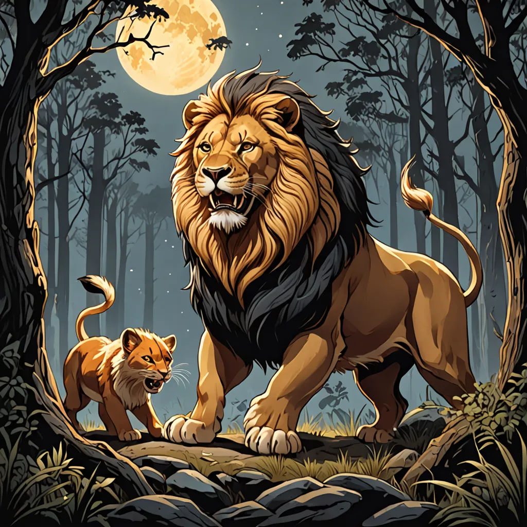 a lion and a cub are walking through the woods at night with the moon in the background and trees, fantasy art, a storybook illustration, Chris LaBrooy, poster