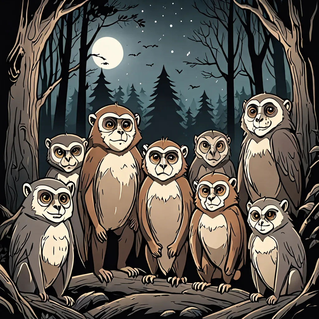 a group of owls standing in front of a forest at night with a full moon in the background and trees, sumatraism, an illustration of, Alex Petruk APe, furaffinity