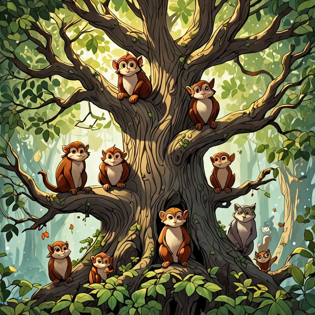 a group of monkeys sitting on a tree branch in a forest with leaves and branches around them, all looking up, fantasy art, a storybook illustration, Chris LaBrooy, rossdraws global illumination