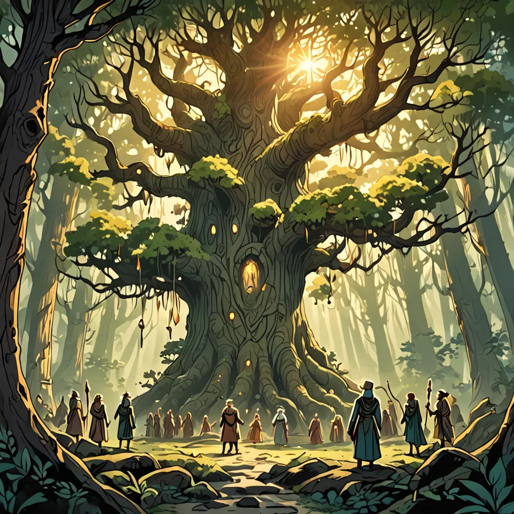 a group of people standing in front of a tree with a light shining on it's trunk and a giant tree with a lantern in the middle, fantasy art, a storybook illustration, Dan Mumford, official art