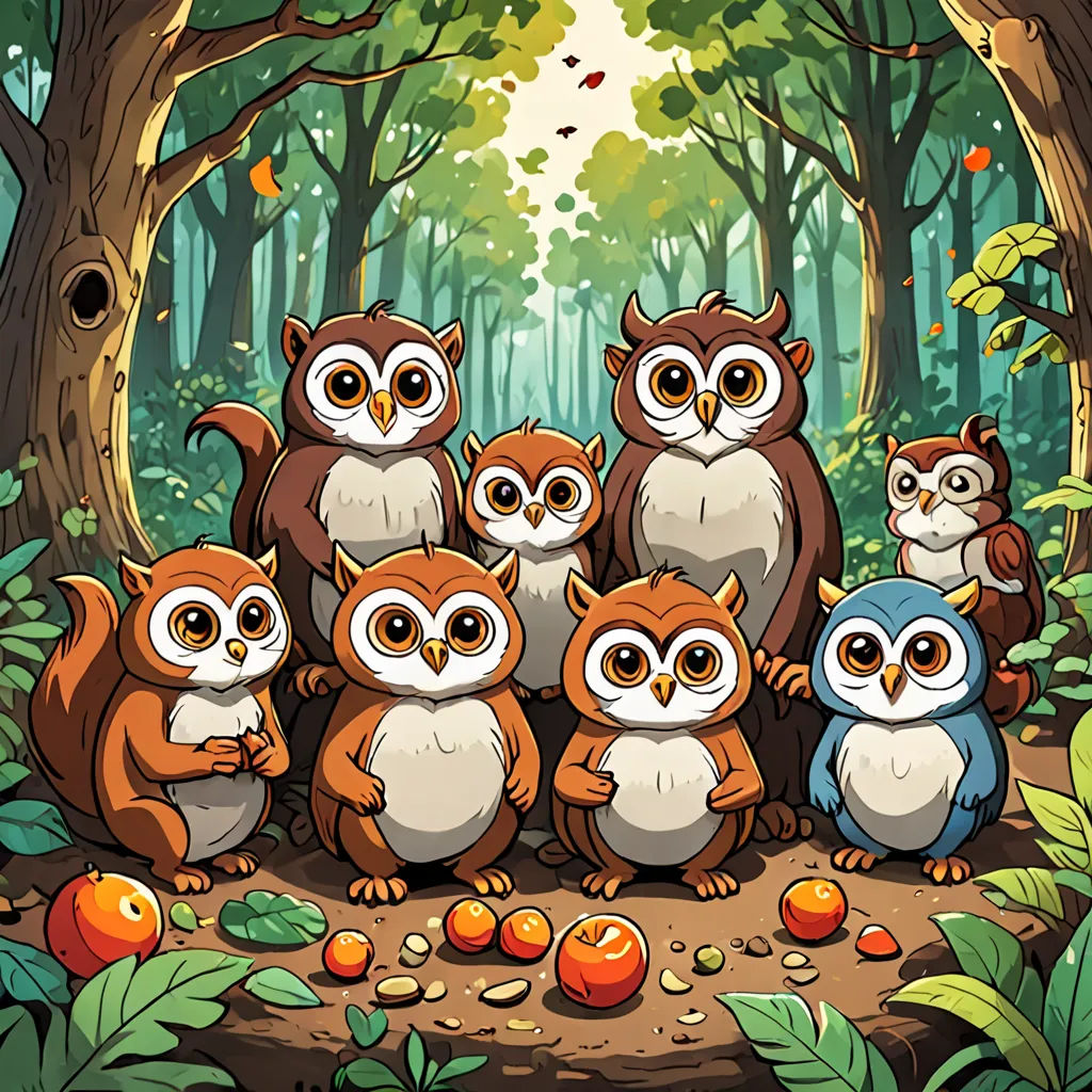 a group of owls standing in the middle of a forest with apples and leaves around them, surrounded by trees and leaves, fantasy art, a storybook illustration, Dan Mumford, game art