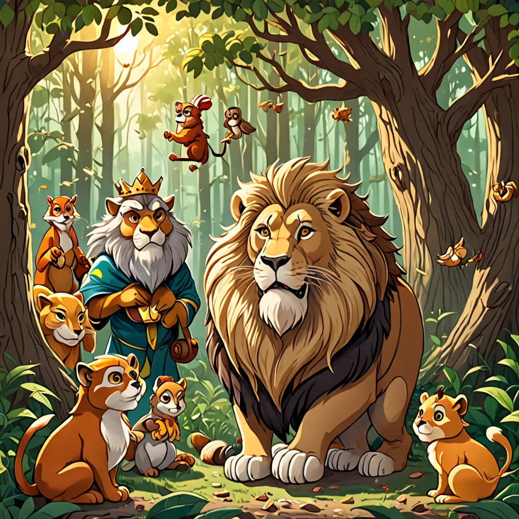 a lion surrounded by other animals in a forest with trees and birds flying overhead and a man in a blue robe, sots art, a storybook illustration, Chris LaBrooy, official art