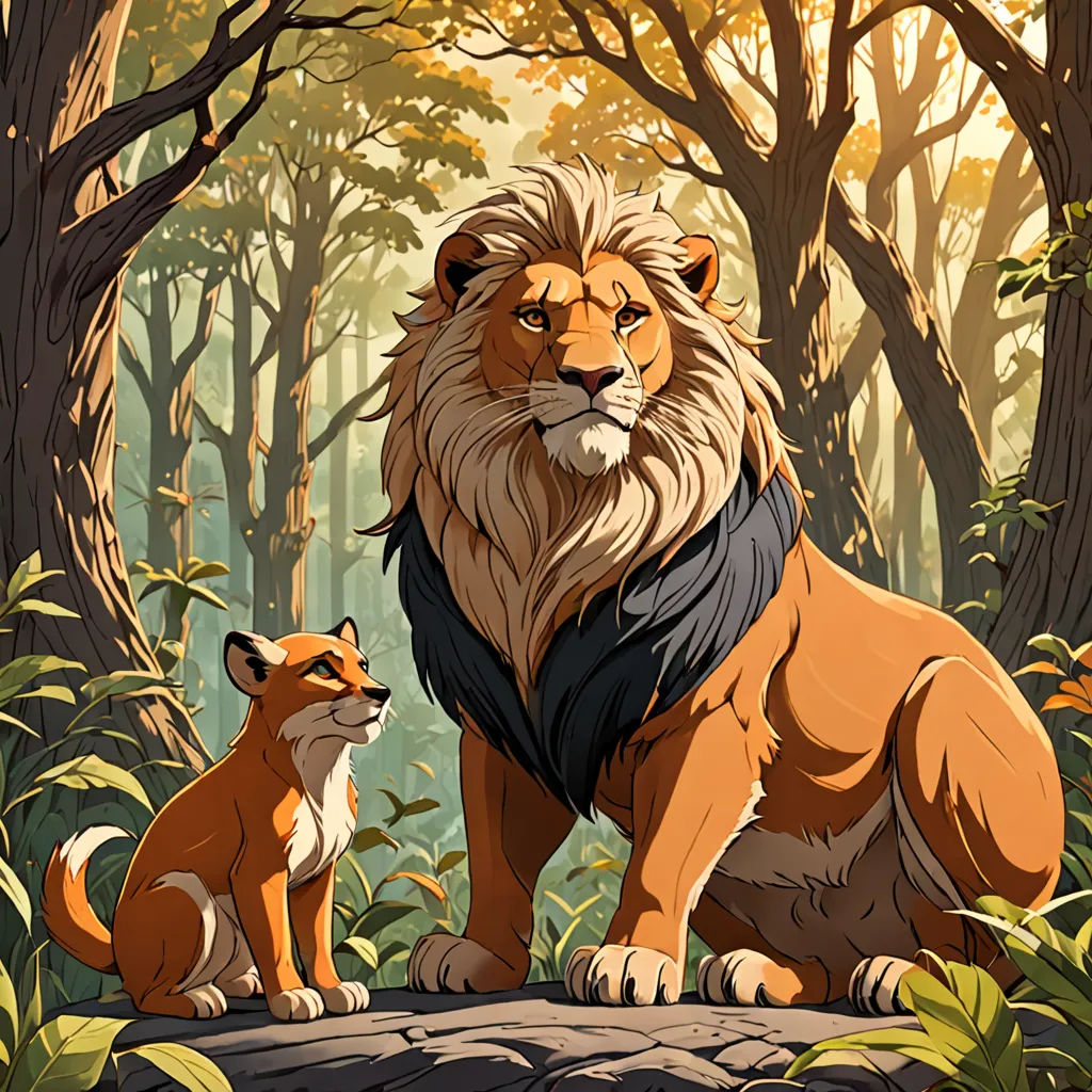 a lion and a fox sitting in the woods together, with trees in the background and sunlight shining through the leaves, furry art, a poster, Chris LaBrooy, official art