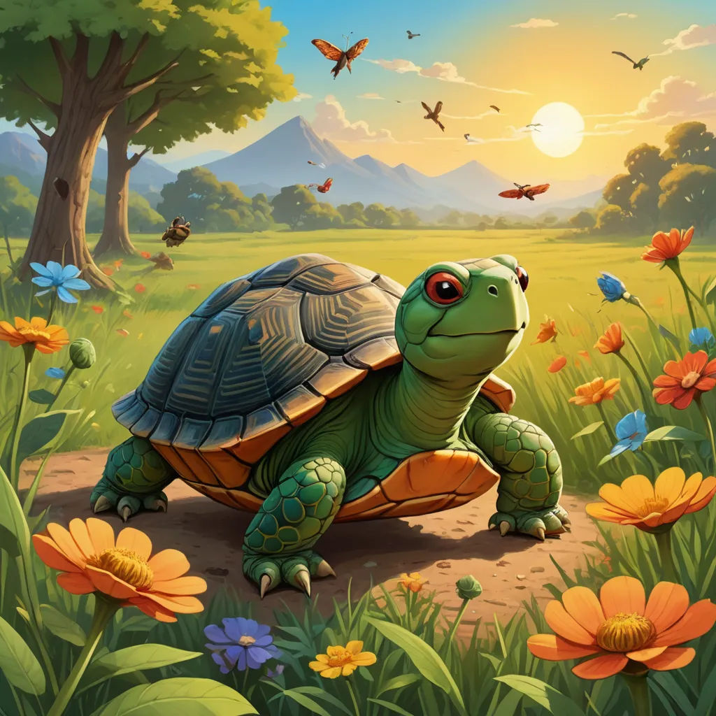 a turtle in a field of flowers and butterflies with a sunset in the background and a tree and butterflies in the foreground, sots art, a storybook illustration, Chris LaBrooy, official art