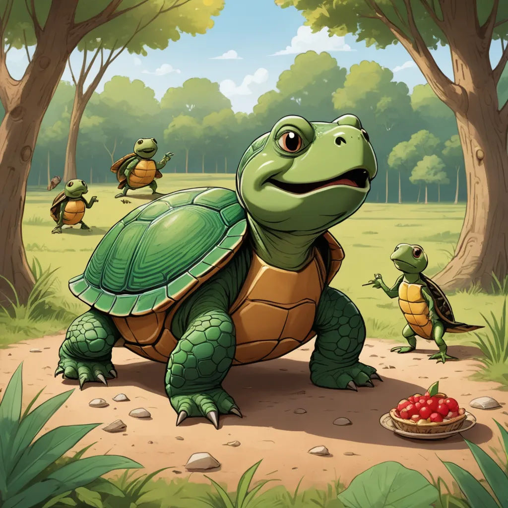 a group of turtles walking across a forest next to a basket of berries on a tree stumps covered ground, sots art, a storybook illustration, Chris LaBrooy, storybook illustration