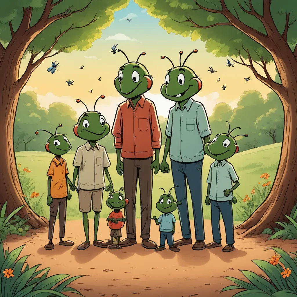 a family of four standing in front of a tree with butterflies on it's head and arms, all looking at the camera, lyco art, a storybook illustration, Andries Stock, promotional image
