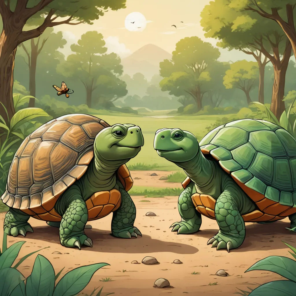 two turtles walking in the dirt near a forest with a butterfly flying above them and a butterfly flying above them, sots art, a storybook illustration, Chris LaBrooy, storybook illustration