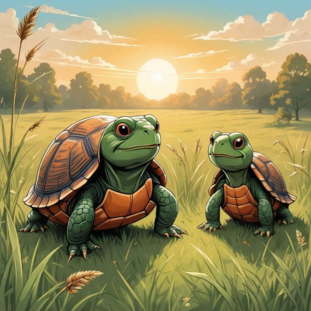 two turtles sitting in the grass with the sun in the background and a field of tall grass behind them, sots art, a storybook illustration, Brothers Hildebrandt, game art