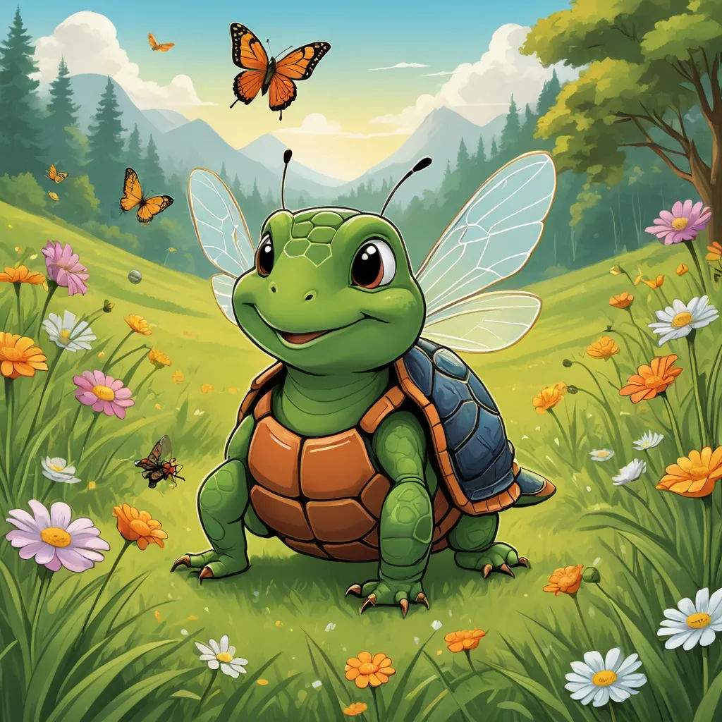 a green turtle with a butterfly on its back in a field of flowers and grass with a butterfly flying over it, sots art, a storybook illustration, Chris LaBrooy, promotional image
