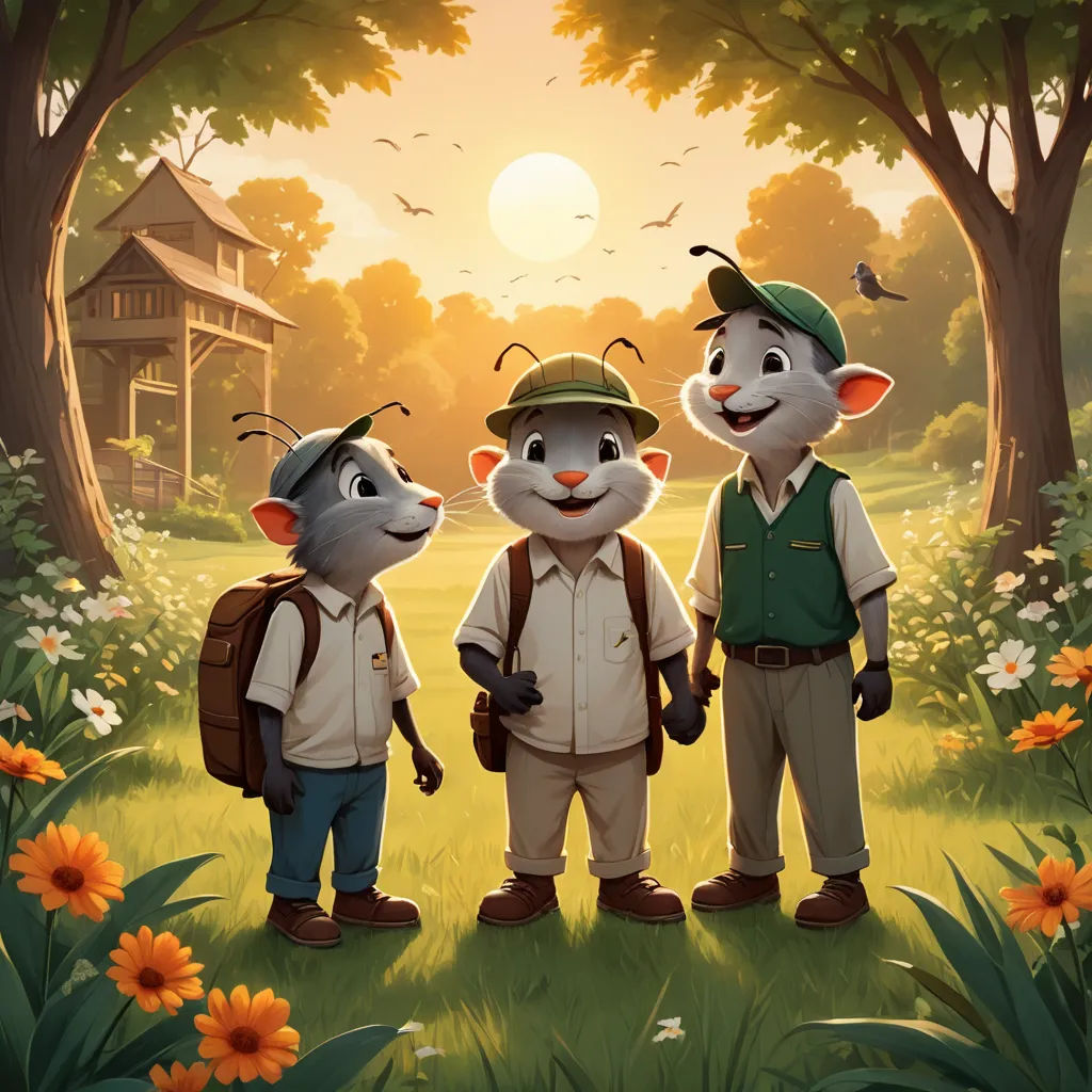 three cartoon mice standing in a field with trees and flowers in the background, one of them holding the hand of another mouse, sots art, a storybook illustration, Chris LaBrooy, official art