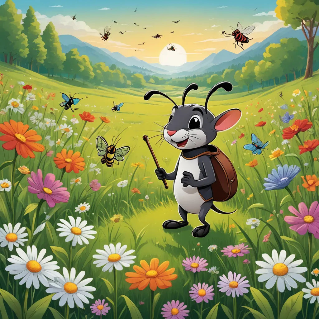 a cartoon mouse with a backpack and a stick in a field of flowers and bees flying around him and a bee flying away, naive art, a storybook illustration, Clovis Trouille, promotional image
