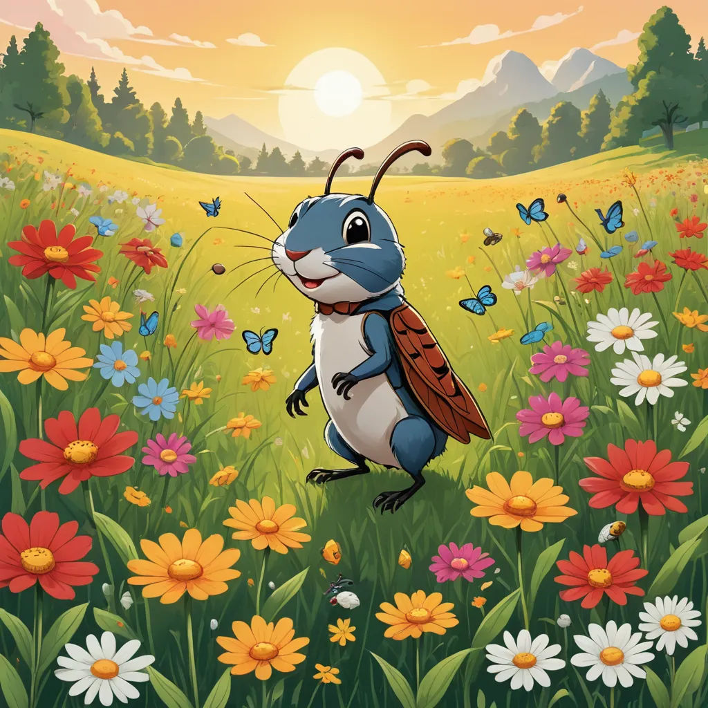 a cartoon character is standing in a field of flowers and butterflies with a butterfly on his back, and a butterfly on his shoulder, sots art, a storybook illustration, Chris LaBrooy, official art