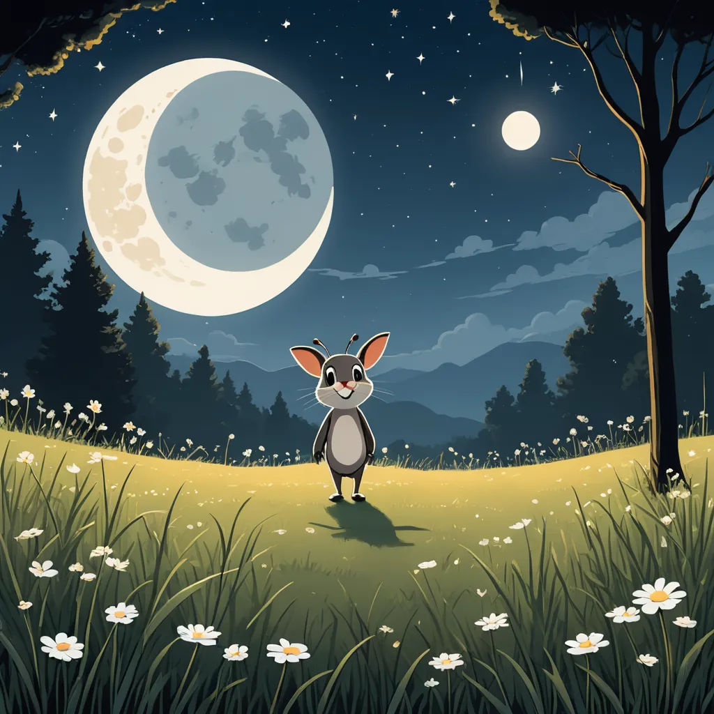 a cartoon mouse standing in a field with a full moon in the background and trees and flowers in the foreground, fantasy art, a storybook illustration, Chris LaBrooy, storybook illustration