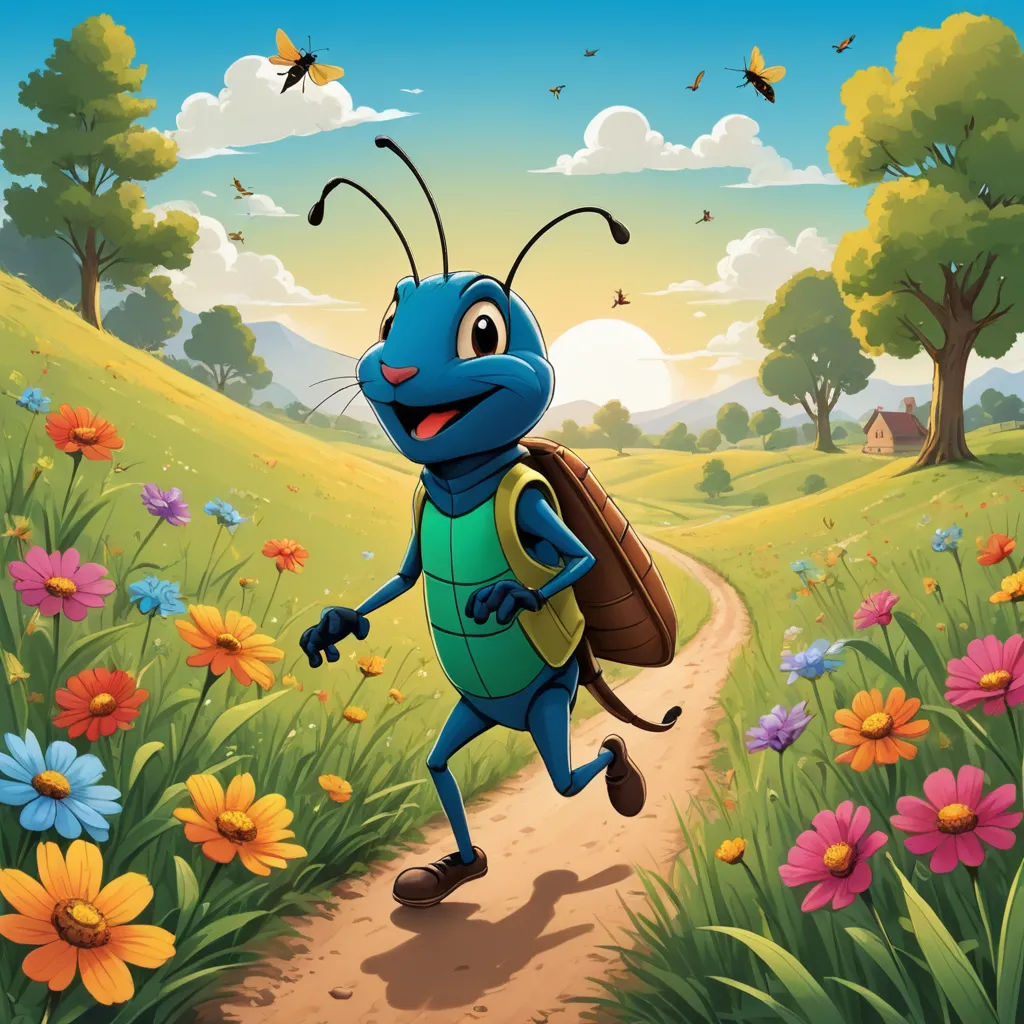 a bug with a backpack is walking through a field of flowers and butterflies with a bee on his back, lyco art, a storybook illustration, Artur Grottger, promotional image