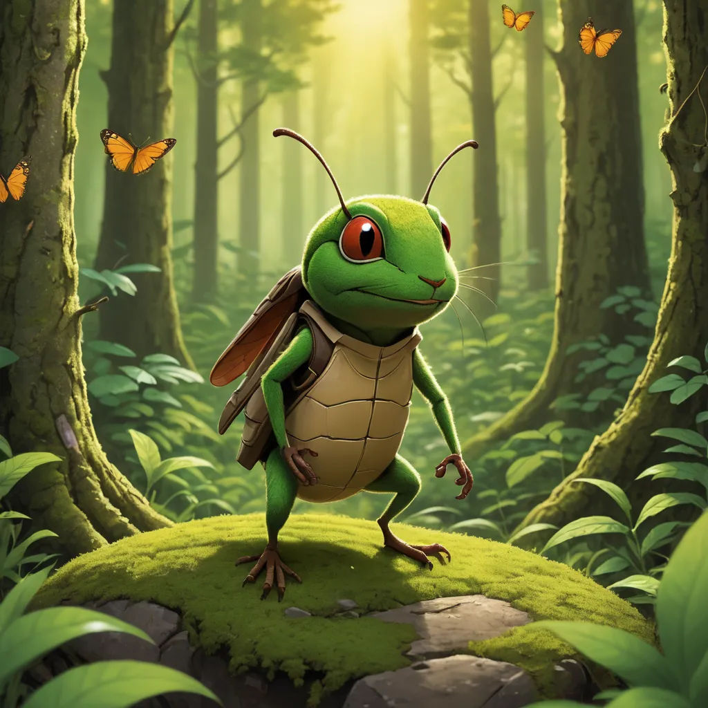 a green frog with a backpack on a rock in a forest with butterflies flying around it and a sunbeam, altermodern, a storybook illustration, Chris LaBrooy, magic the gathering artwork