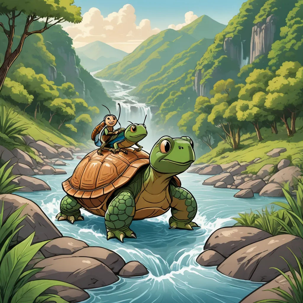a man riding on the back of a turtle across a river in a forest with mountains in the background, fantasy art, a storybook illustration, Chris LaBrooy, storybook illustration