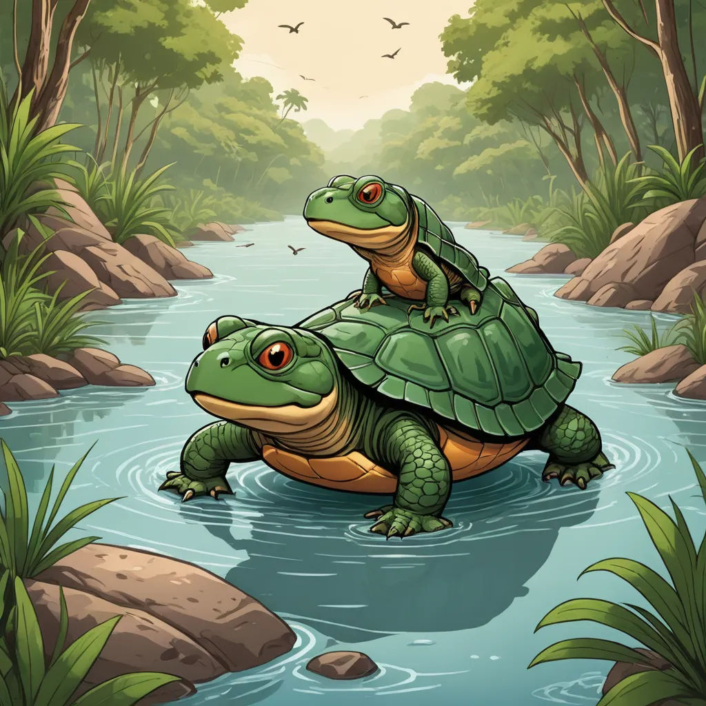 two green turtles are sitting on top of each other in a river surrounded by trees and rocks, with birds flying overhead, sots art, a storybook illustration, Andries Both, game art