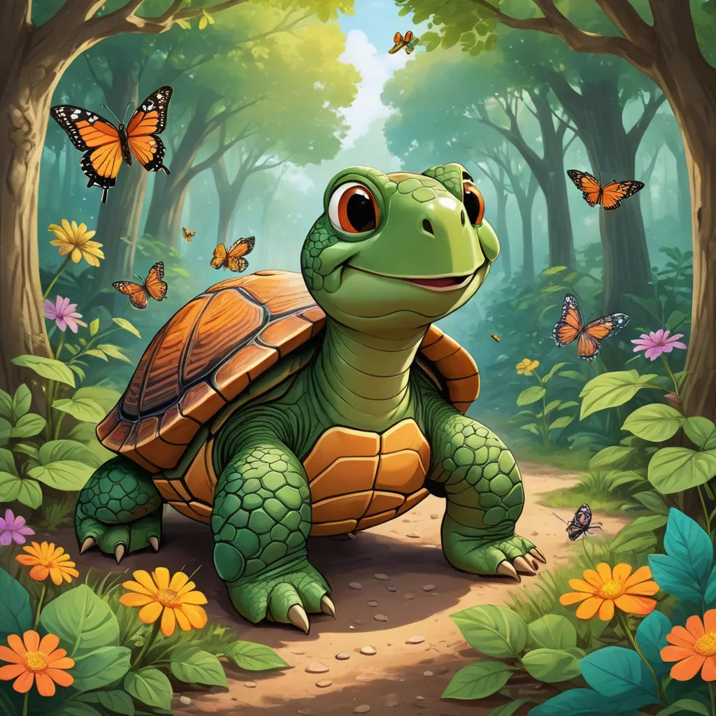 a turtle in the forest with butterflies flying around it's head and a path leading to the forest, sots art, a character portrait, Chris LaBrooy, official art