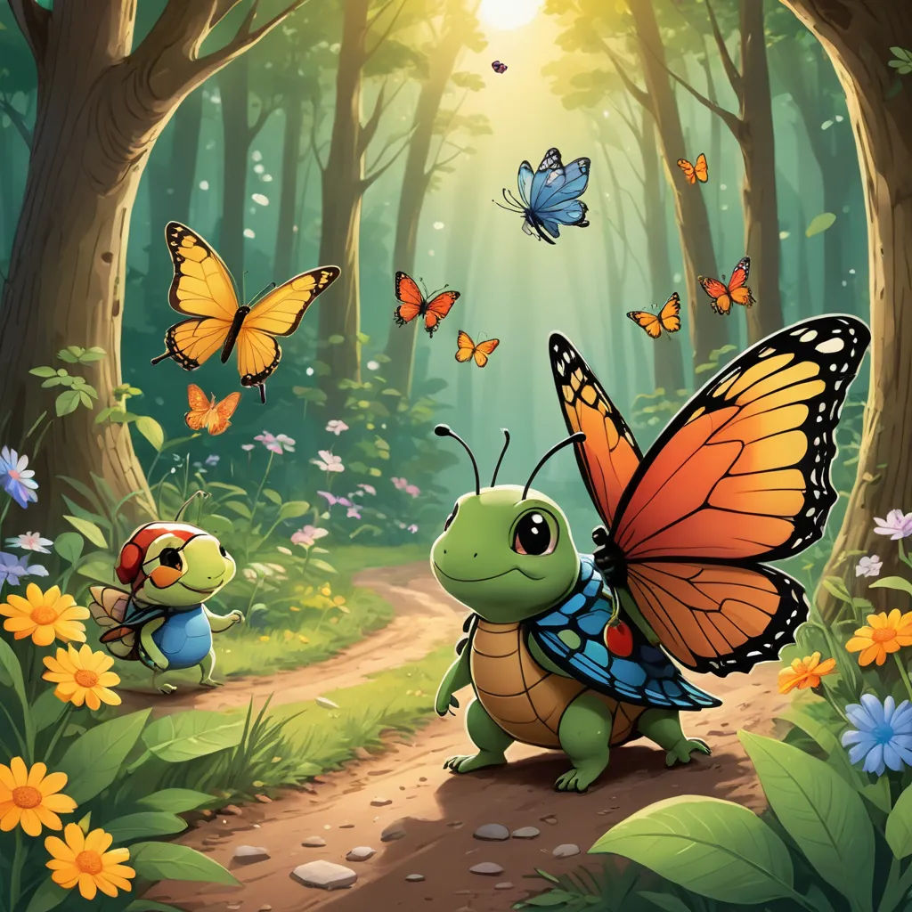 a cartoon picture of a butterfly and a turtle in a forest with butterflies flying around them and a sunbeam, fantasy art, a storybook illustration, Chris LaBrooy, storybook illustration