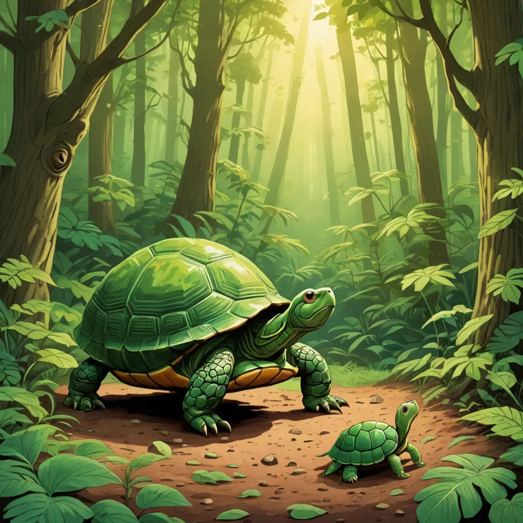 a turtle and a turtleling in a forest with sunlight coming through the trees and leaves on the ground, fantasy art, a storybook illustration, Dan Mumford, storybook illustration