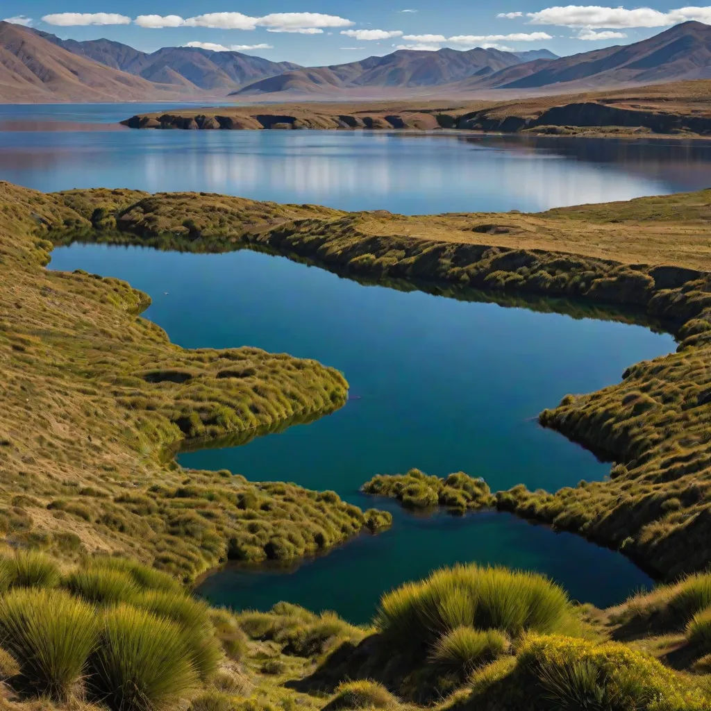 a lake surrounded by green grass and mountains in the distance with a blue sky and clouds in the background, award-winning photograph, romanesque, a jigsaw puzzle, Amir Zand