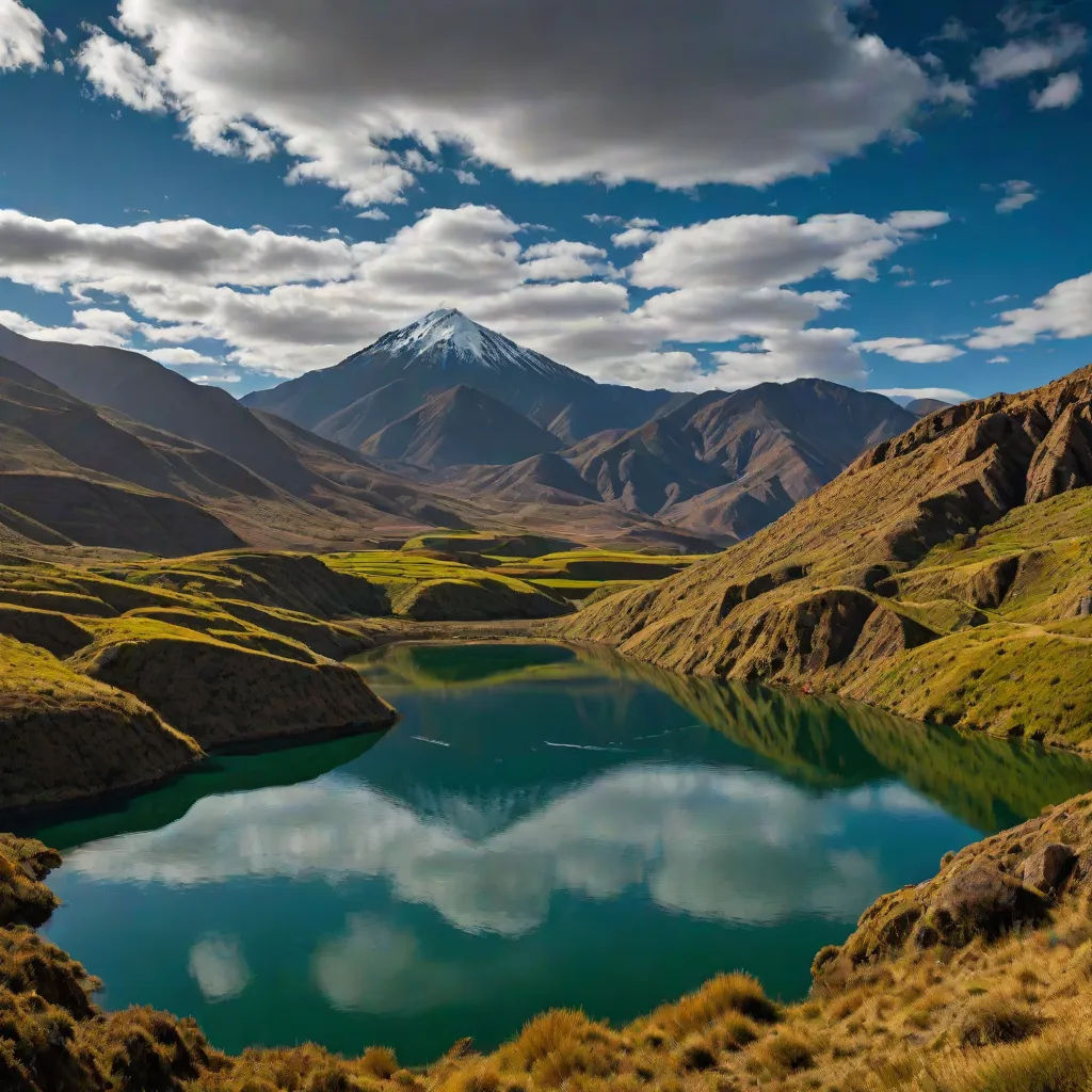 a lake surrounded by mountains and grass under a cloudy sky with a mountain in the background and a blue sky with clouds, beautiful landscape, art photography, a matte painting, Amir Zand