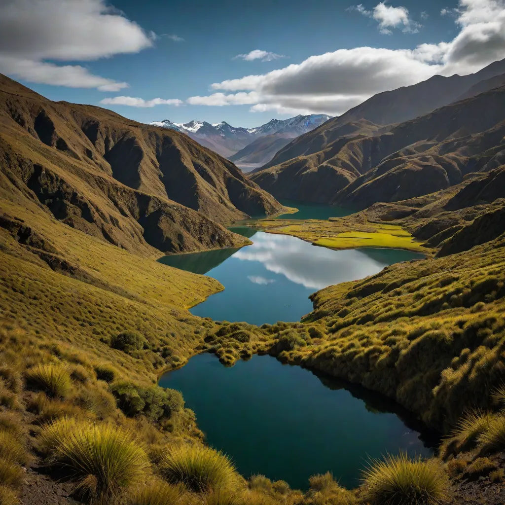 a lake surrounded by mountains and grass in the middle of a valley with a blue sky and clouds above, award - winning photography, art photography, a matte painting, Chris LaBrooy