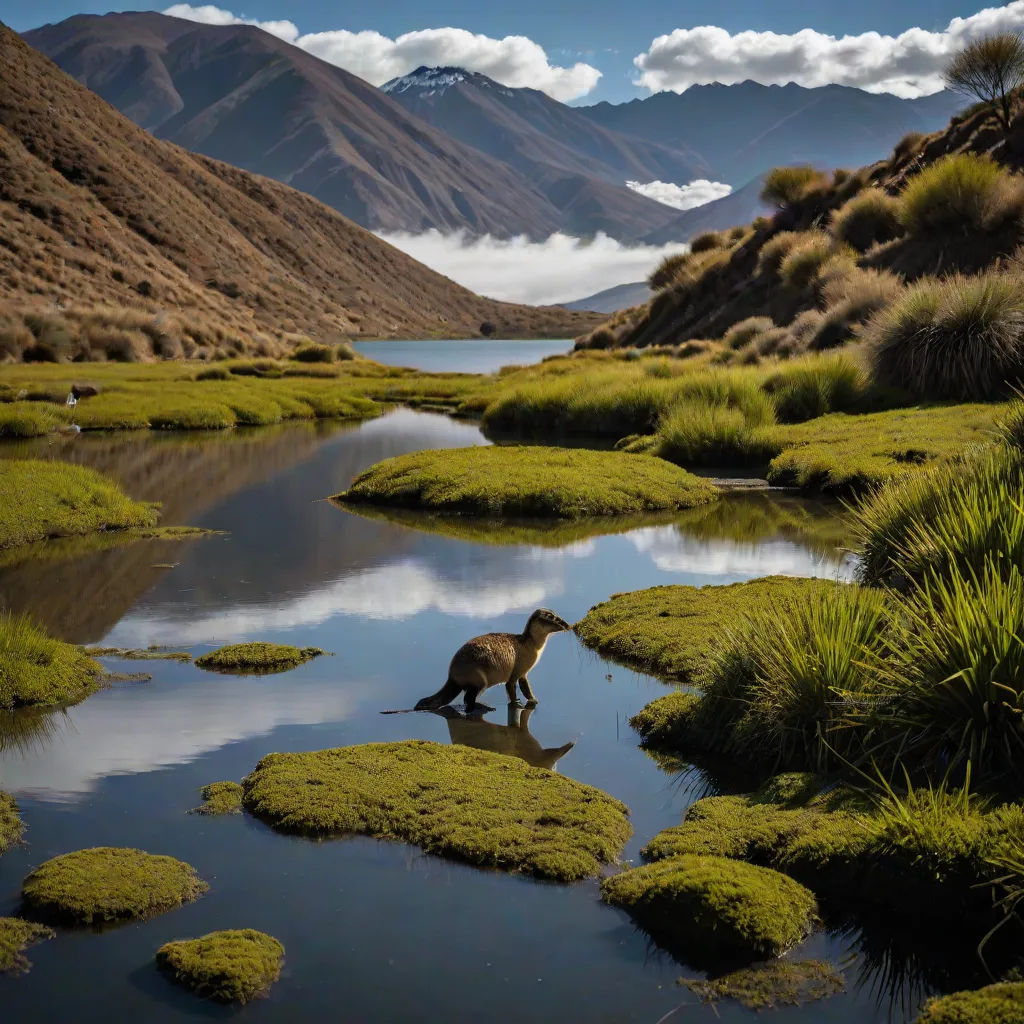 a dog is standing in a stream of water surrounded by grass and mountains in the background with clouds in the sky, award-winning photograph, naturalism, a photo, Chris LaBrooy