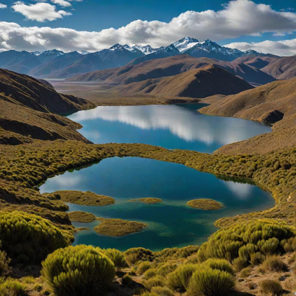 a lake surrounded by mountains and grass in the middle of the desert with a blue sky and clouds above, award-winning photograph, art photography, a matte painting, Amir Zand