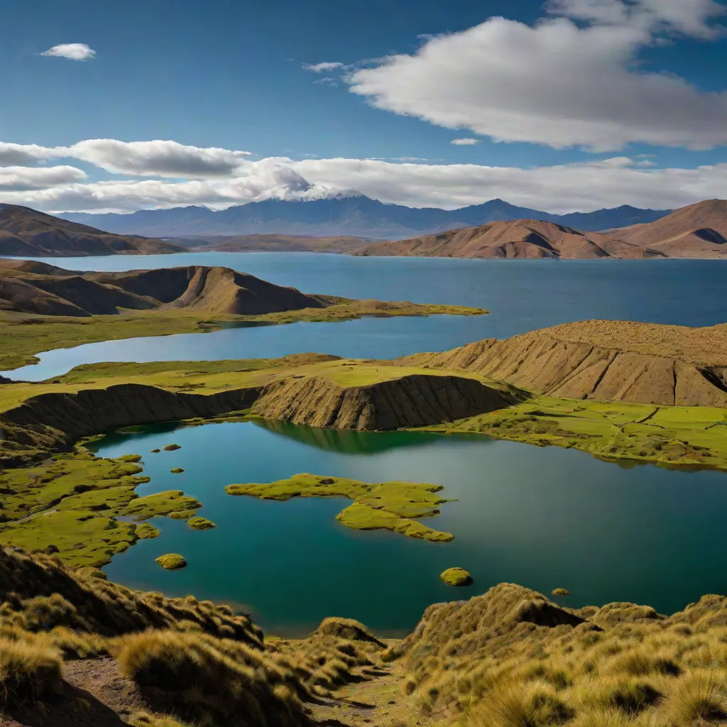 a lake surrounded by mountains and grass in the middle of nowhere, with a blue sky and clouds above, panoramic view, romanesque, a matte painting, Chris LaBrooy
