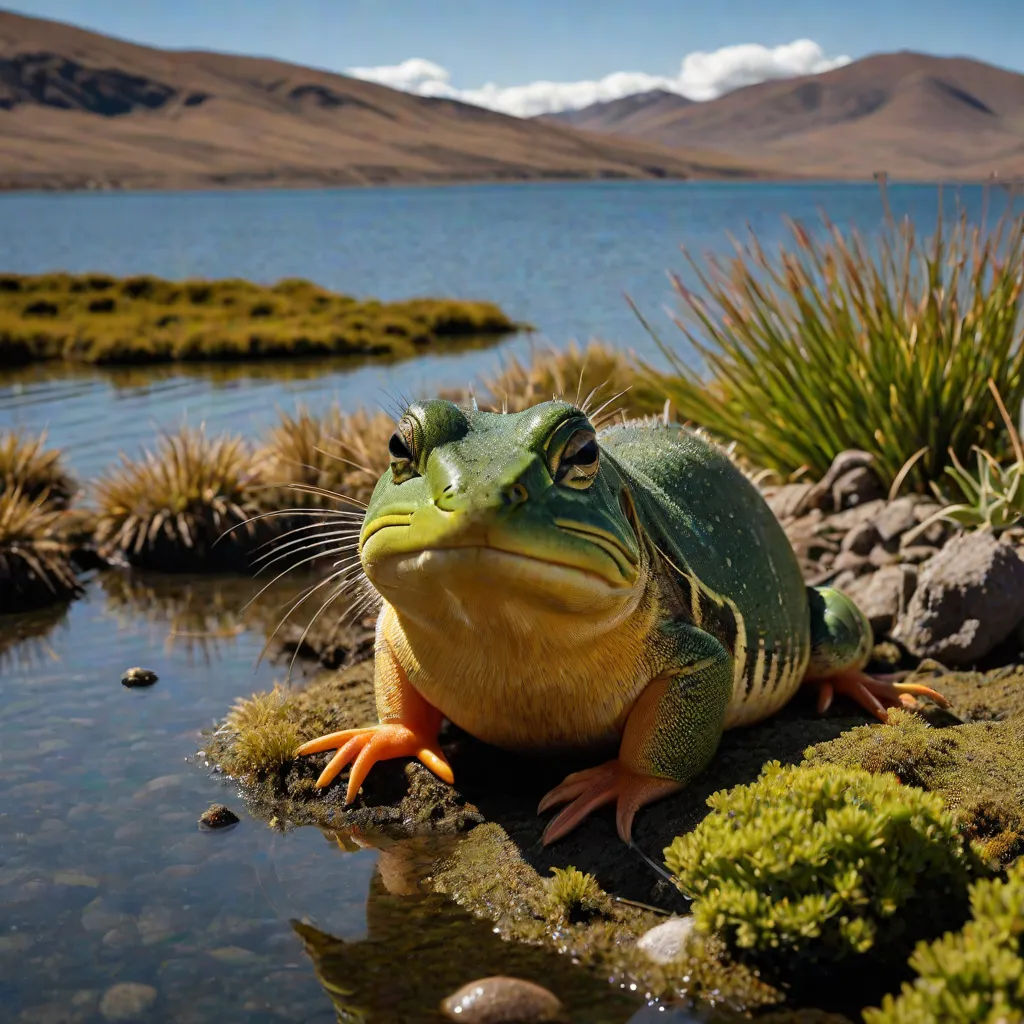 a frog sitting on a rock next to a body of water with mountains in the background and grass growing on the rocks, award-winning photograph, massurrealism, a photorealistic painting, Chris LaBrooy