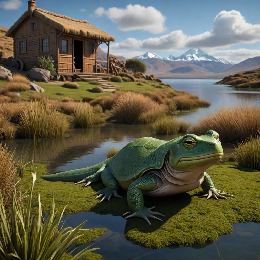 a frog sitting on a patch of grass in front of a lake and a house with a thatched roof, weta digital, photorealism, a storybook illustration, Chris LaBrooy
