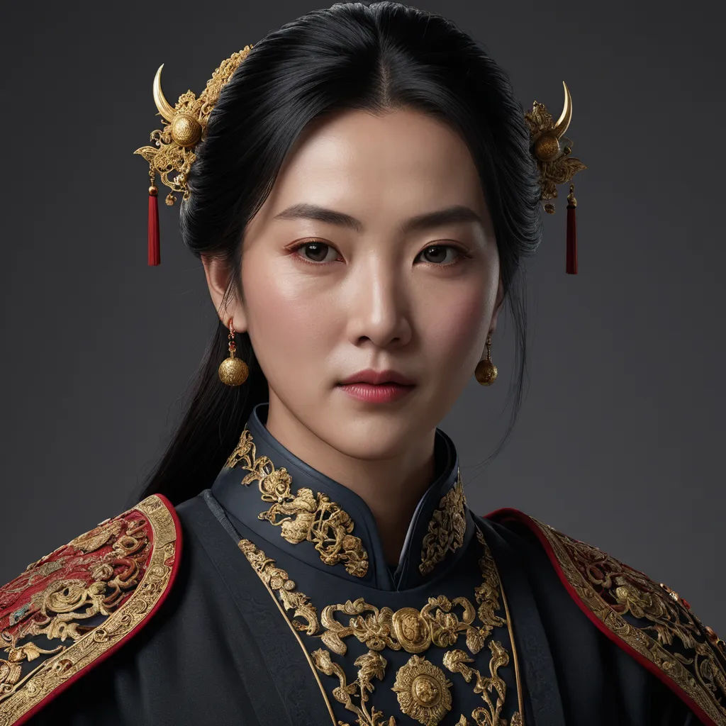 a woman in a black and gold outfit with a red and gold necklace and earrings on her head and a black background, cloisonnism, a character portrait, Chen Jiru, promotional image