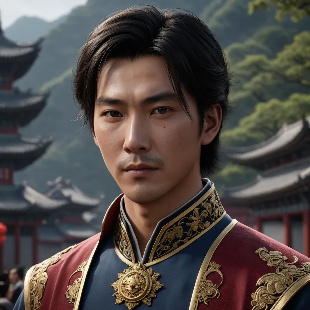 a man in a chinese costume standing in front of a mountain with pagodas in the background and a mountain in the background, photorealism, a character portrait, Dai Jin, unreal engine highly rendered