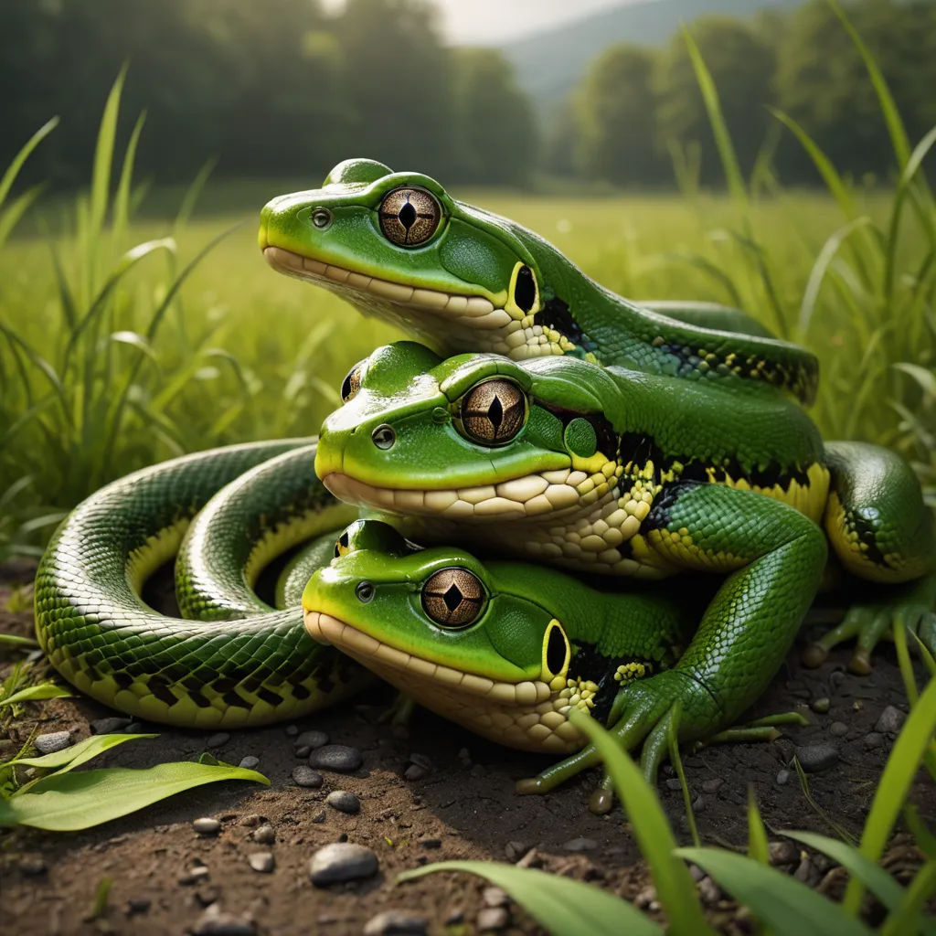 three green snakes are sitting on the ground in the grass and grass is growing behind them, and there are rocks and grass in the foreground, photorealism, a 3D render, Andries Stock, ultra realistic digital art